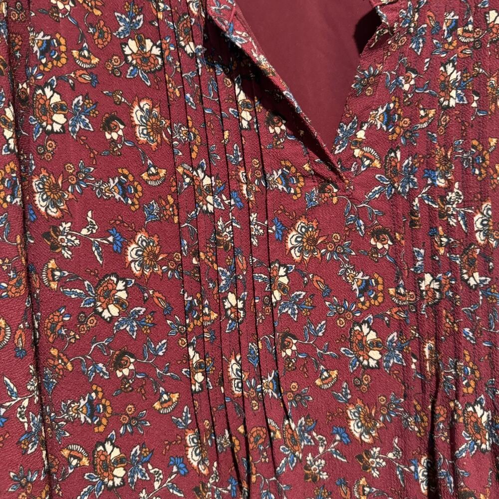 Skies Are Blue Maroon Floral Midi Dress Pintucked Split Neck Plus Size 3X - Picture 3 of 7